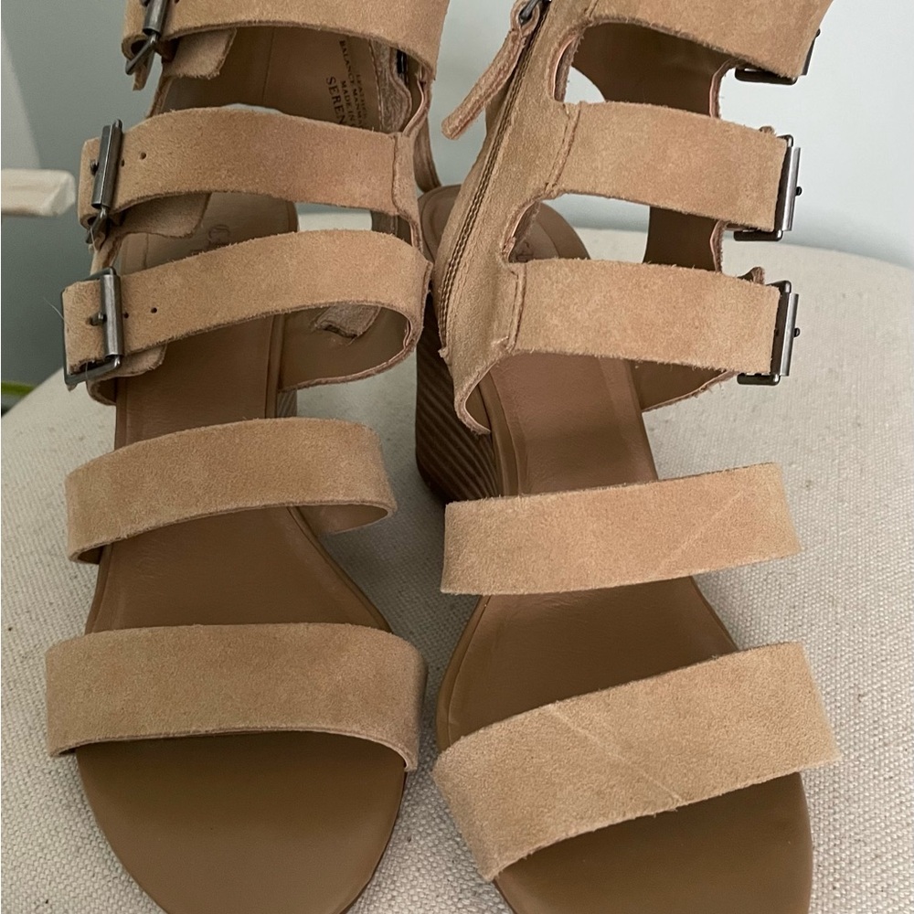 Crown suede buckle strap wedge sandals new in box
